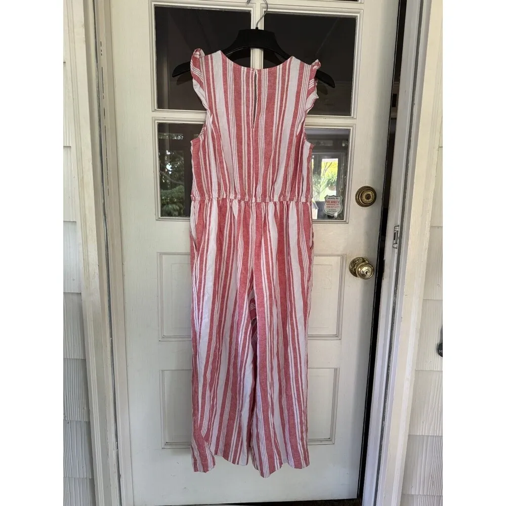 Old Navy Striped Button Front Linen Blend Jumpsuit Women's Sz S Red White Ruffle - Image 7