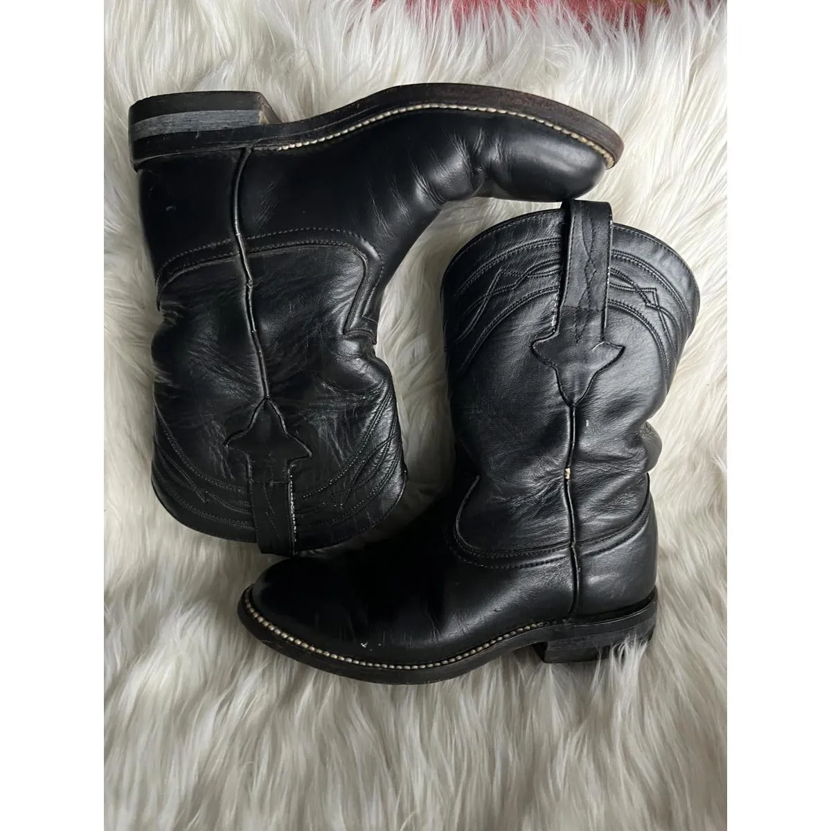 Ladies/Teens Black LeatherRoper Western Boots Size 6 - Image 3