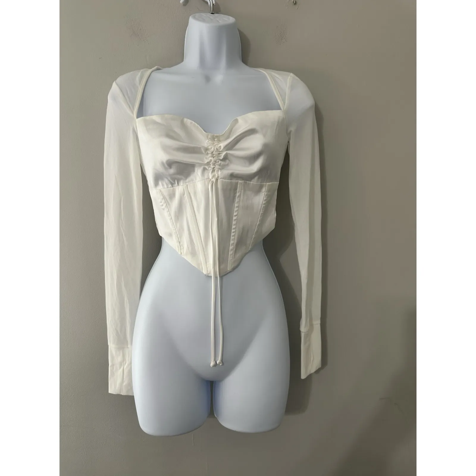 NIA The Label Taurus Top XS White Ruched Satin Corset Bodice Long Sleeve Mesh - Image 2