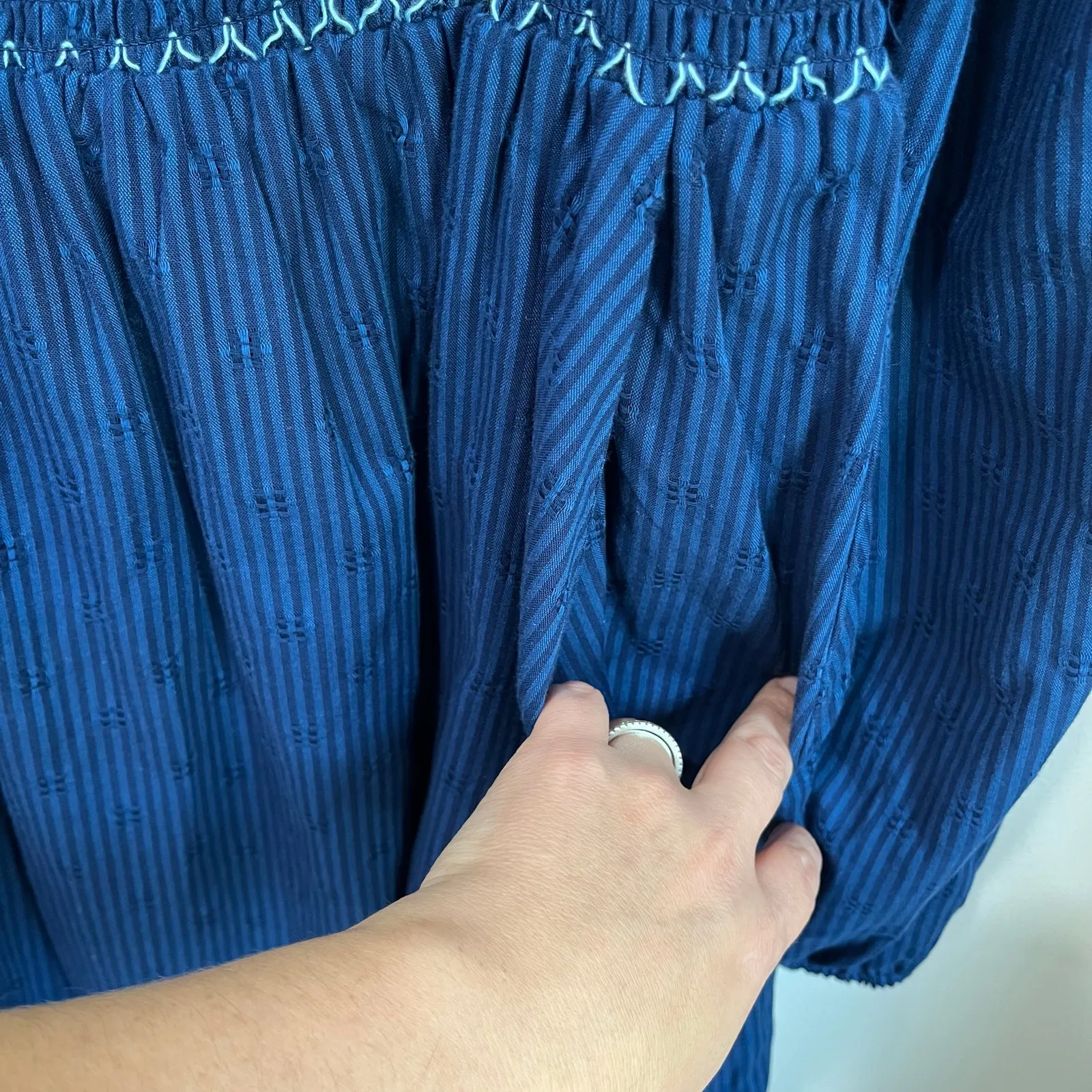 Draper James RSVP Navy Smocked Square Neck Long Sleeve Midi Dress Pockets Sz L - Image 8