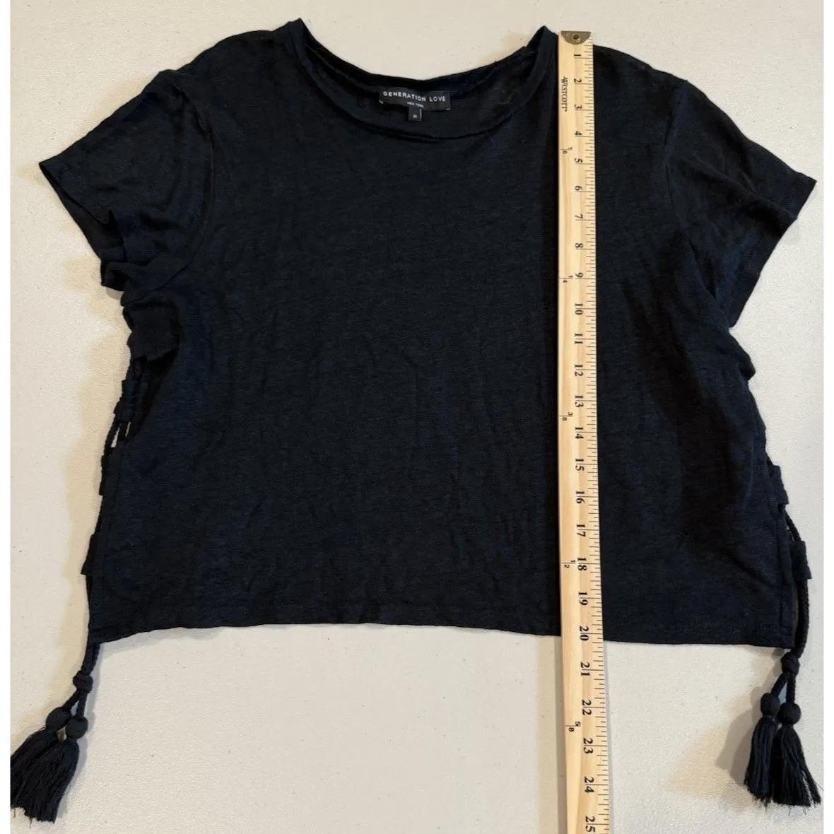 Generation Love Top Women Medium Black 100% Linen Tassels Sheer Indie Travel - Image 4