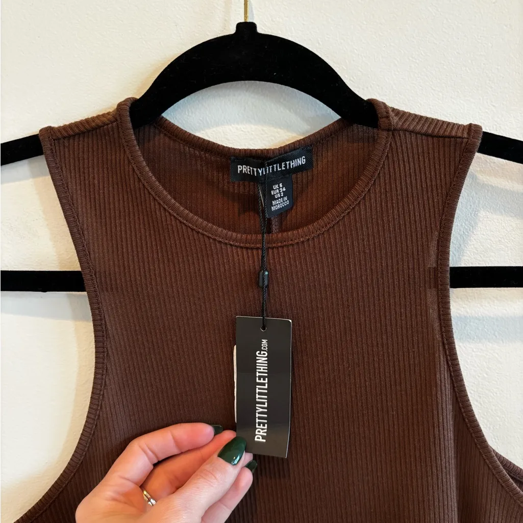 PrettyLittleThing Chocolate Brown Ribbed Racer Back Midi Dress NWT Size US 2 - Image 4