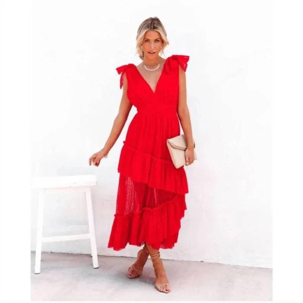 Vici Carrie in Paris Tie Shoulder Tulle Tiered Polka Dot Midi Dress - Image 2