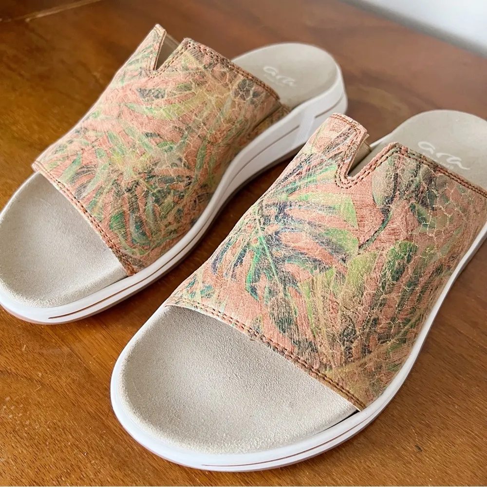 Ara • Onella Sport Slide mule sandals slip on leather comfort palm leaf print Orange Size 7 - Image 3