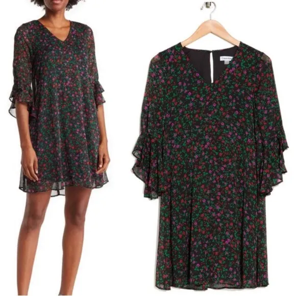 Calvin Klein Floral Ruffle Sleeve Dress - Career Feminine Dainty Women’s Sz 4 - Image 2