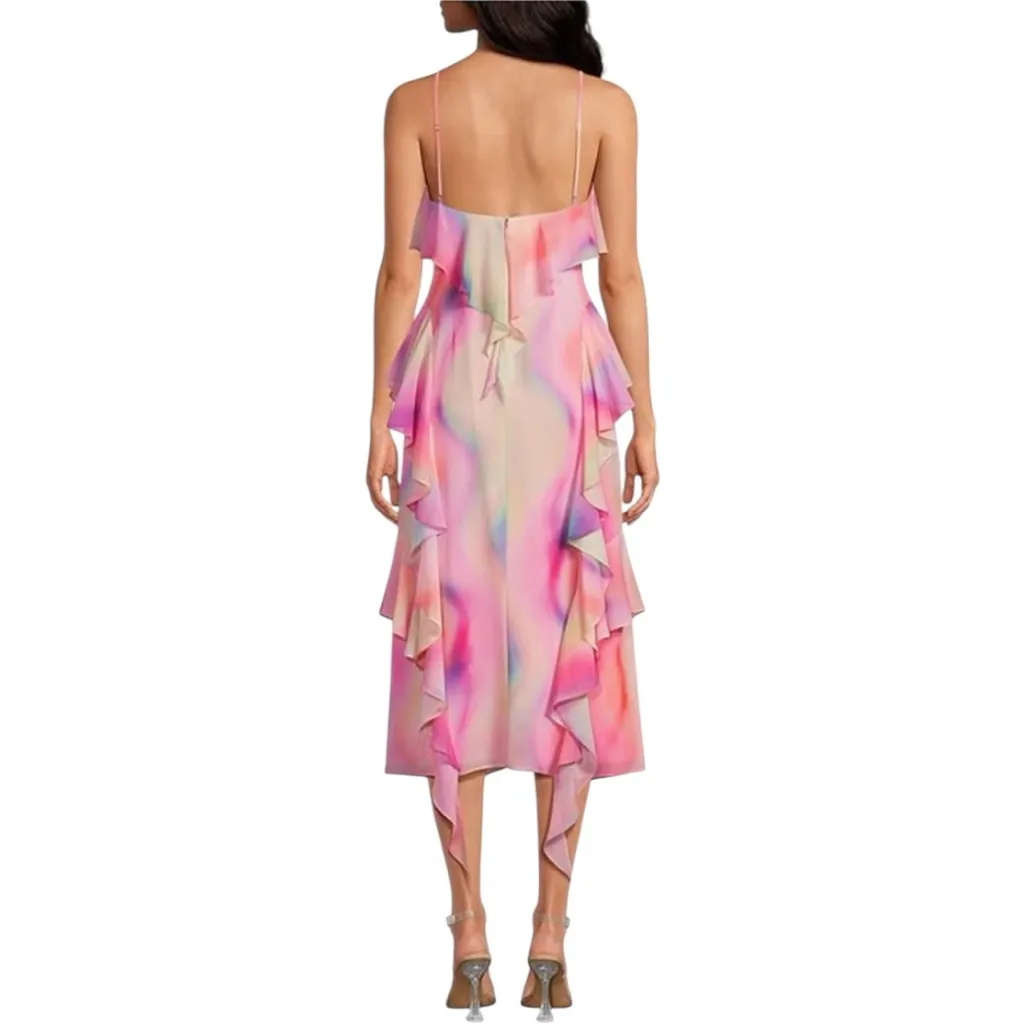 Gianni Bini Tammy Cosmos Printed Chiffon Ruffle V Neck Midi Dress size 10 NWT - Image 2