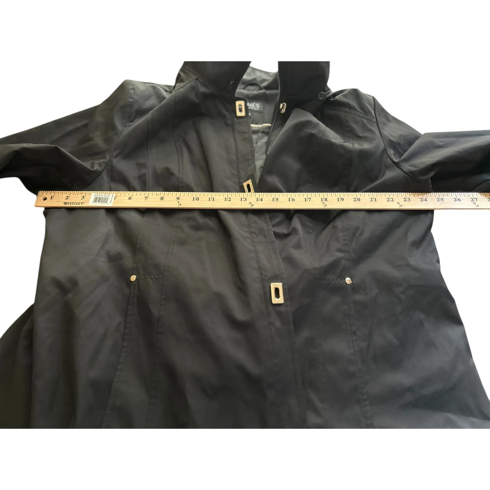 Jones New York 2X Black Lightweight Trench Coat Gold Hardware Details‎ - Image 3