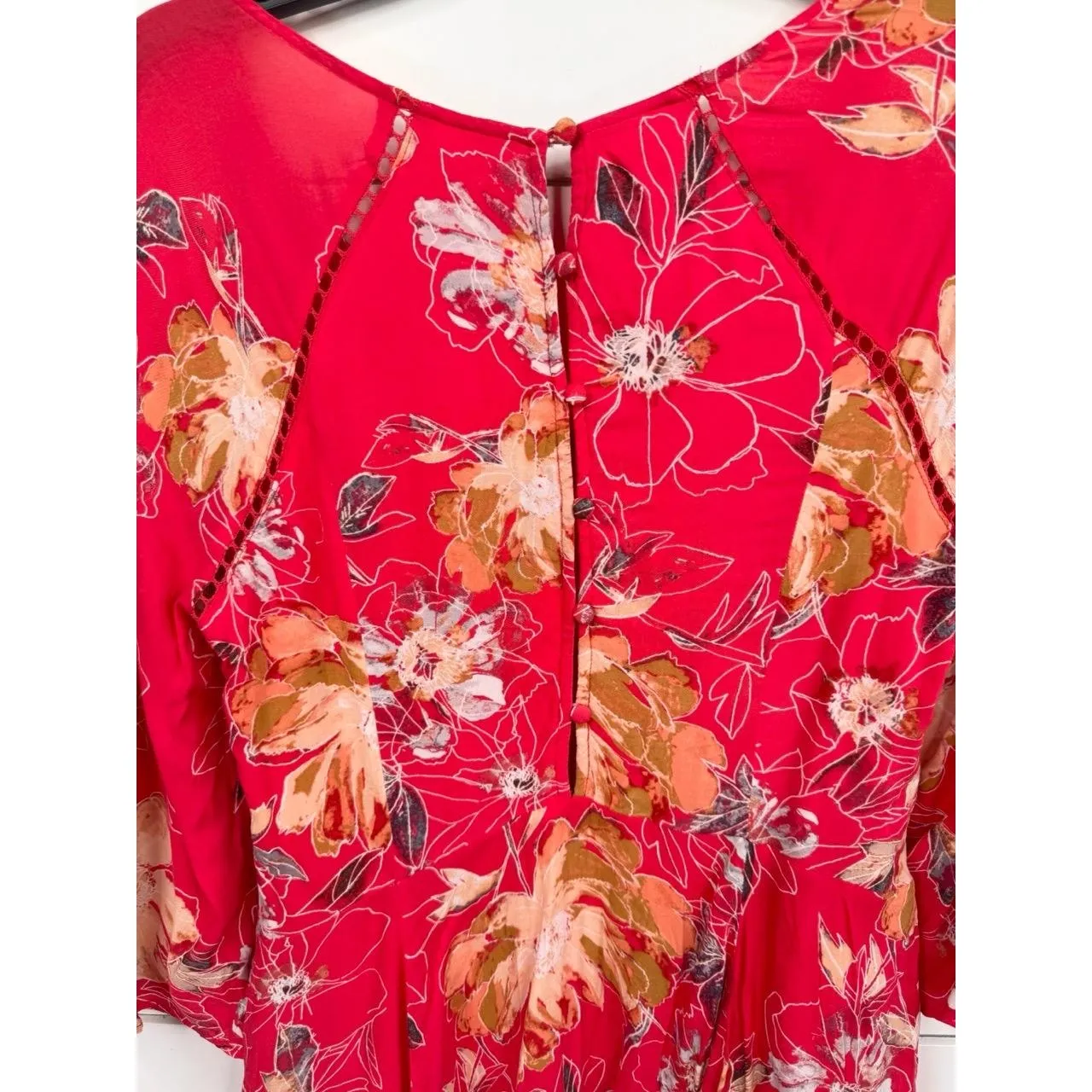 Free People Dress Womens Size 4 Red Floral Print Flowy Tiered 3/4 Sleeve Boho - Image 8