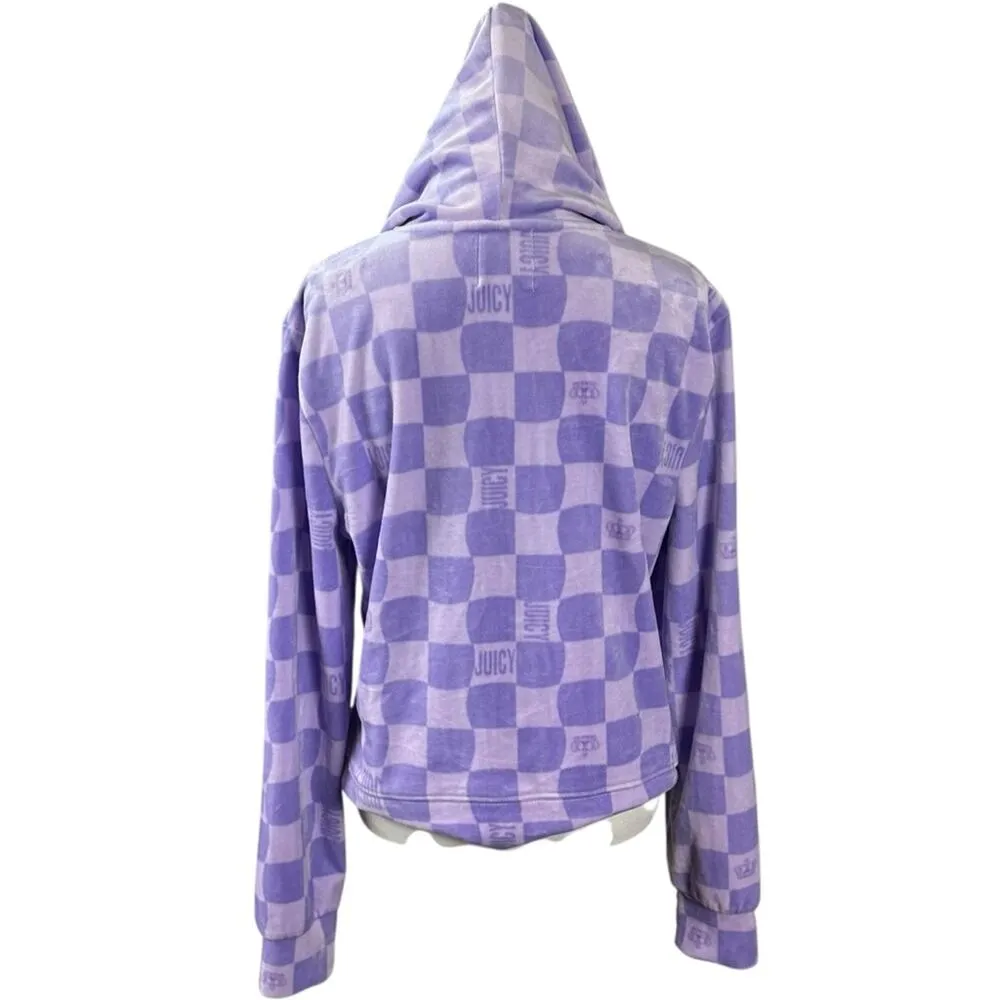 Juicy Couture Velour Lavender Lilac Check Logo Hoodie Size Large Full Zip - Image 3