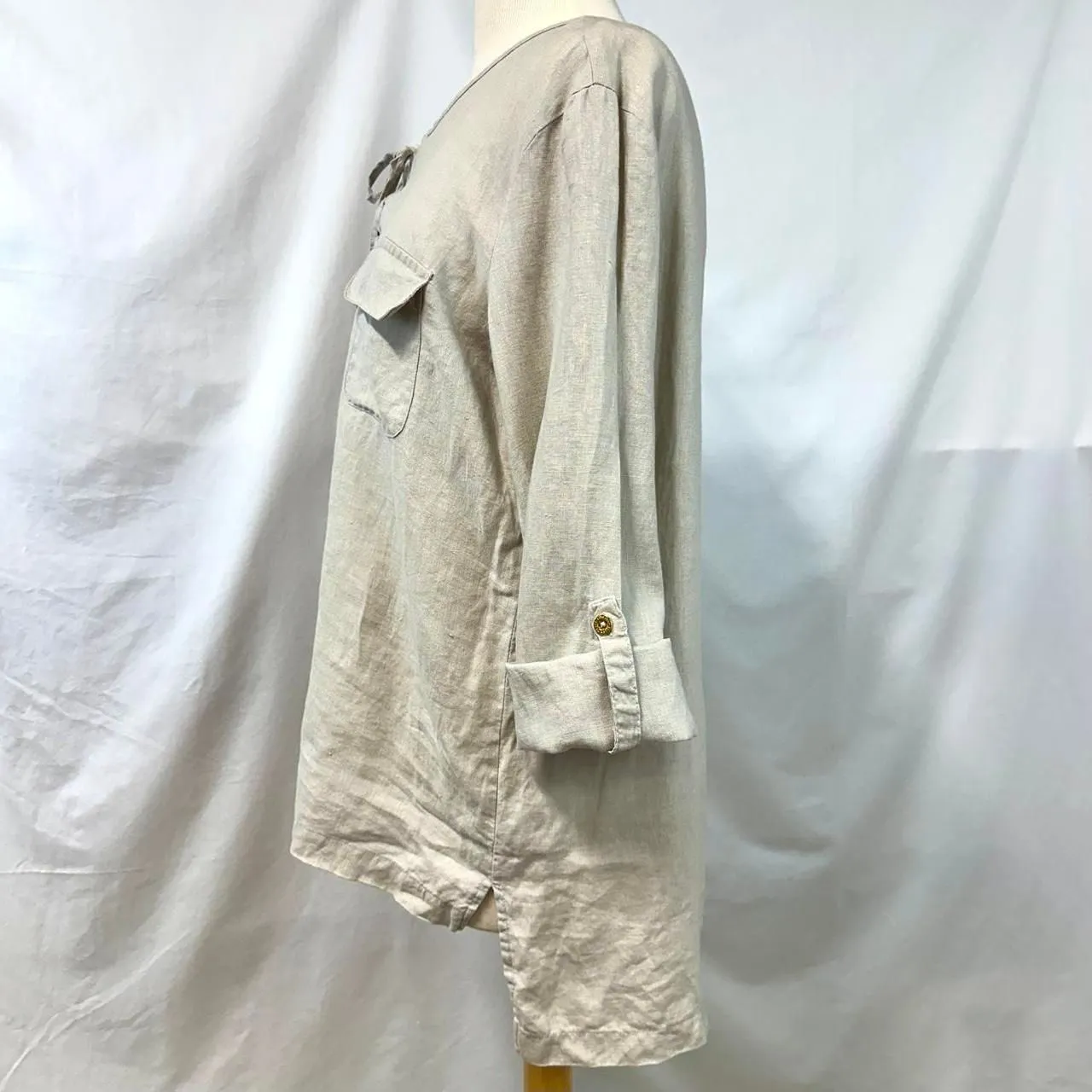 ELLEN TRACY Beige 100% Linen Lace Up Blouse Pockets Roll‎ Tab Sleeves Womens L - Image 5