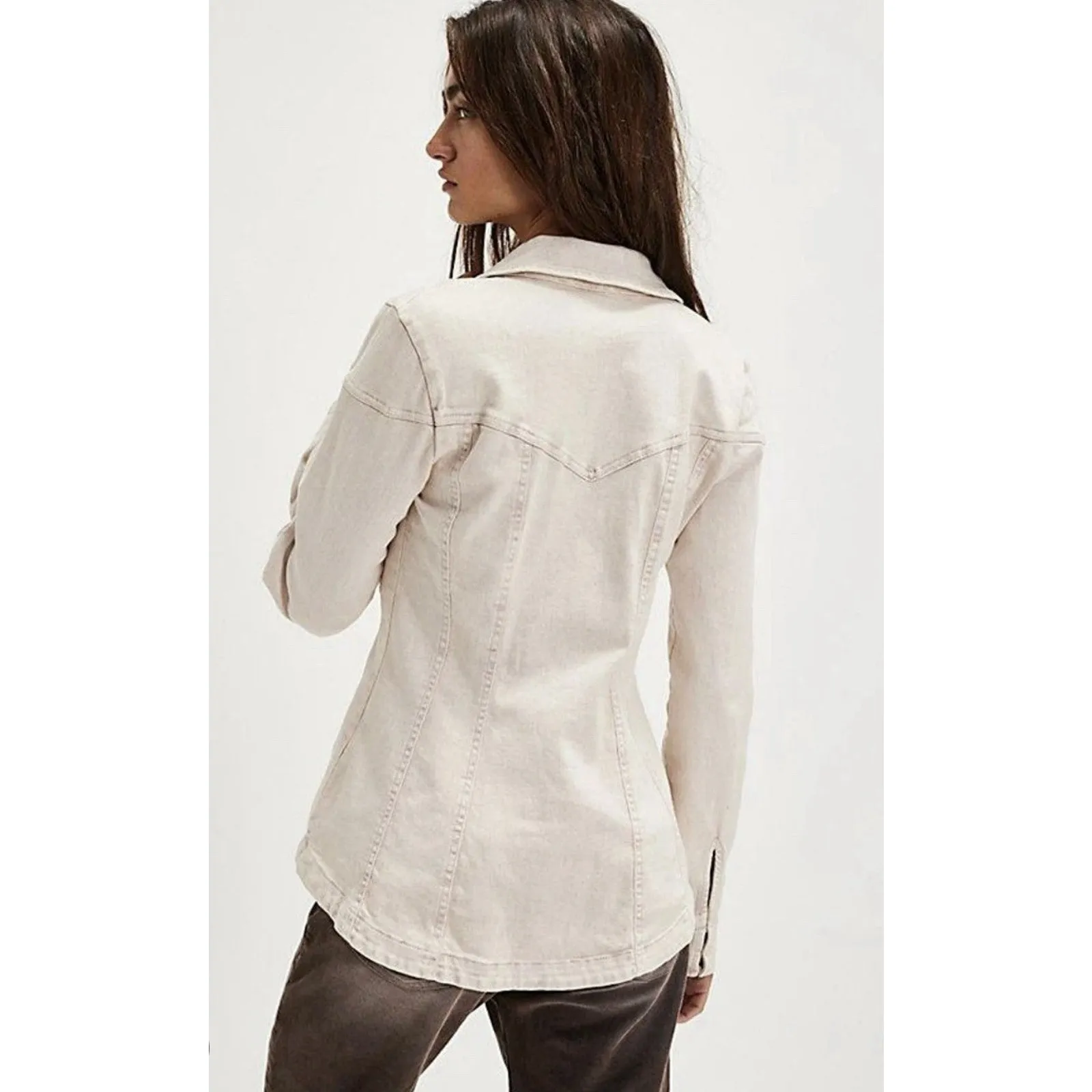 Free People Women’s Denim Light Pink Wash Snap Front Shaped Western Jacket Sz S - Image 5