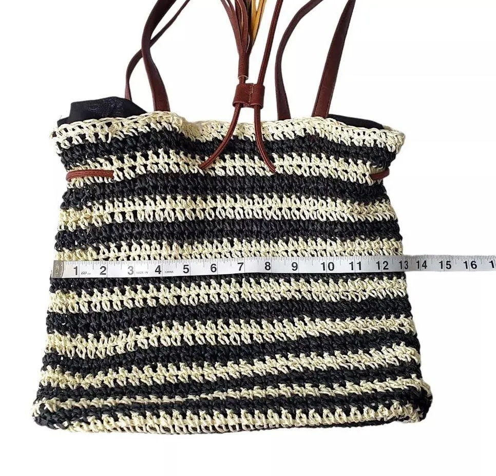 Nora Everyday Striped Drawstring 100% Paper Shoulder Bag Boho Beachy Summer Black - Image 4