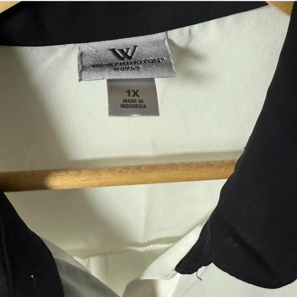 Worthington Sheer Blouse 1X White Black Button Down Long Sleeve Career Top - Image 2