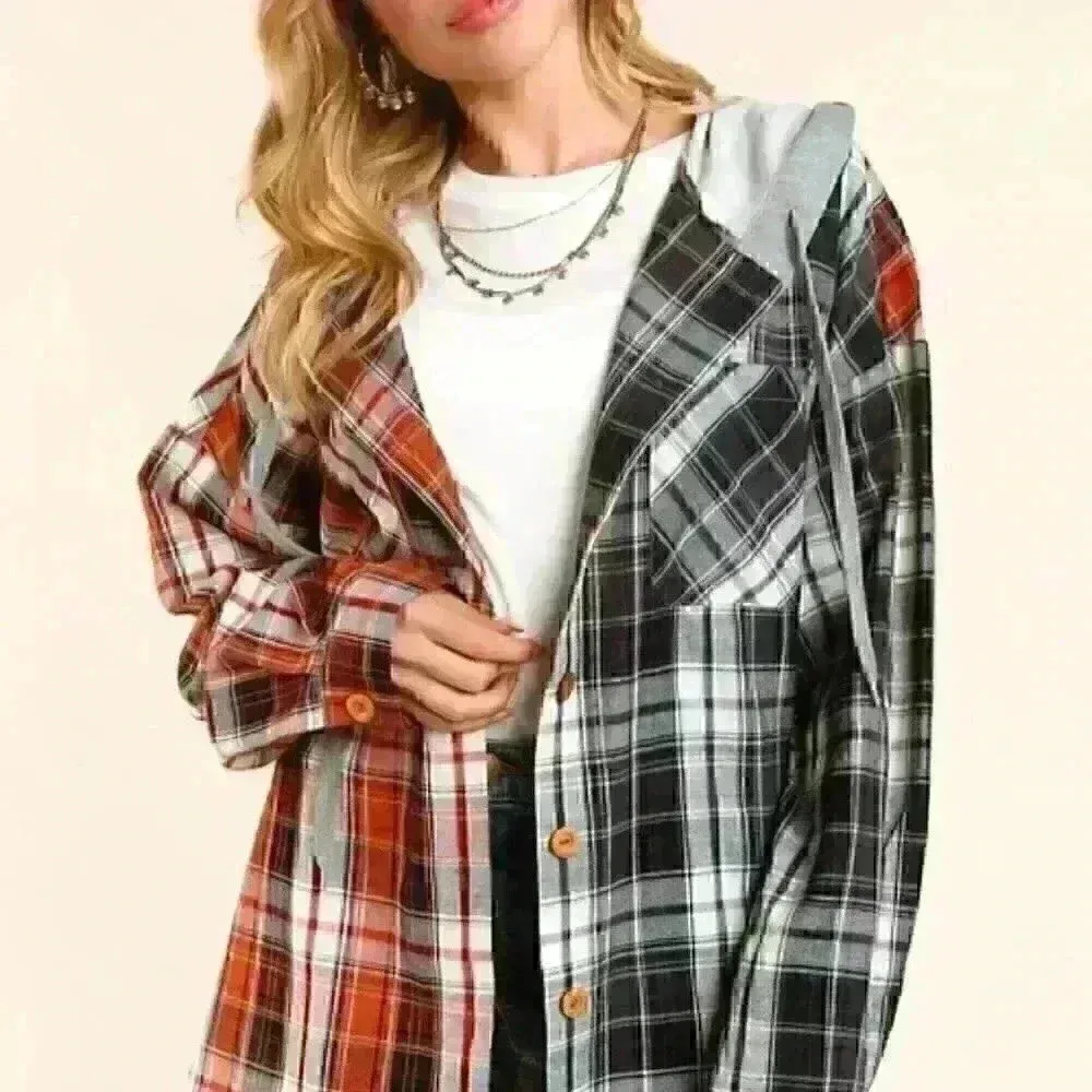 Rust and Charcoal Grey Plaid Button Down Hoodie‎ Top Orange - Image 2