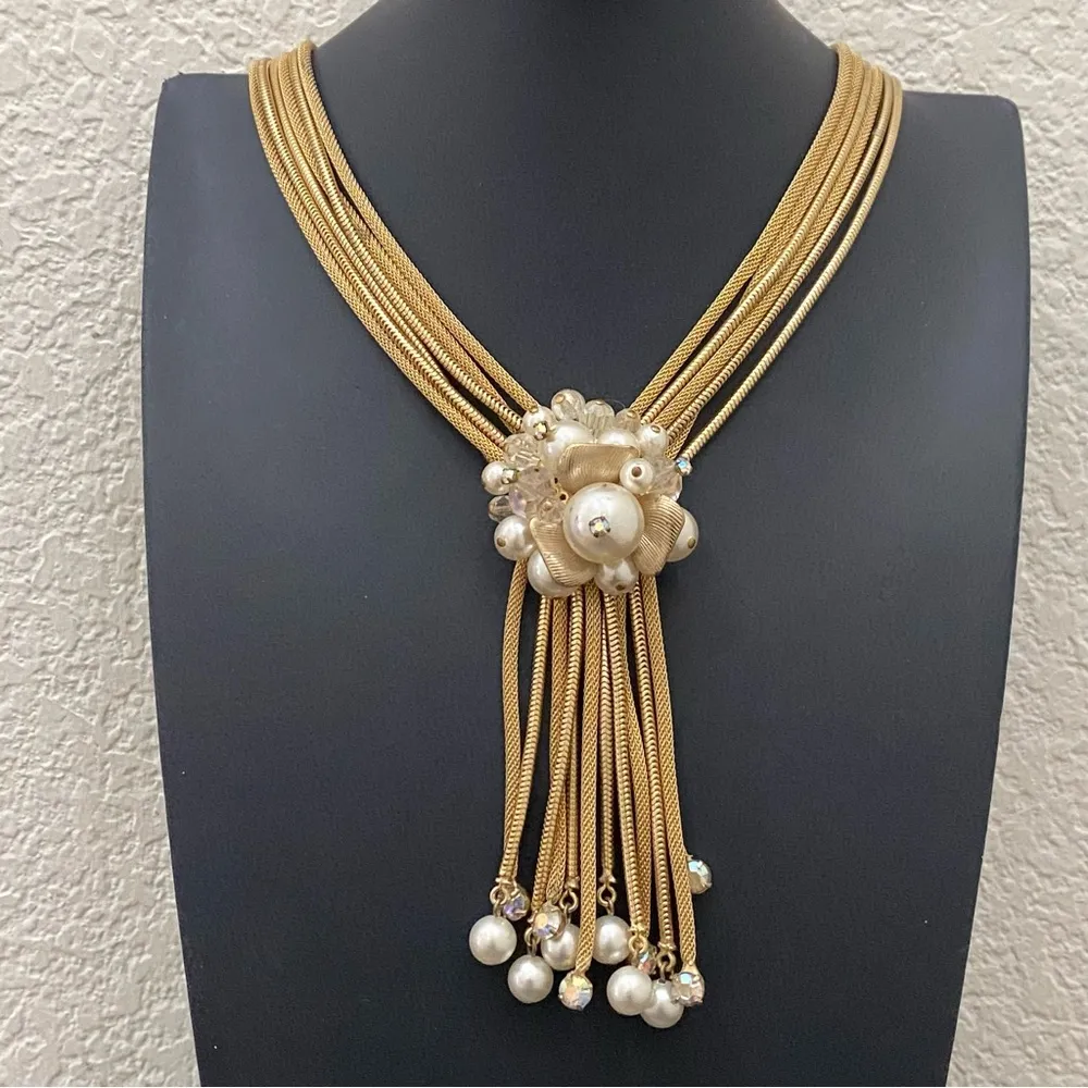 Vintage Unsigned Vendome Multistrand Faux Pearl Gold Mesh Chain Tassel Necklace - Image 10