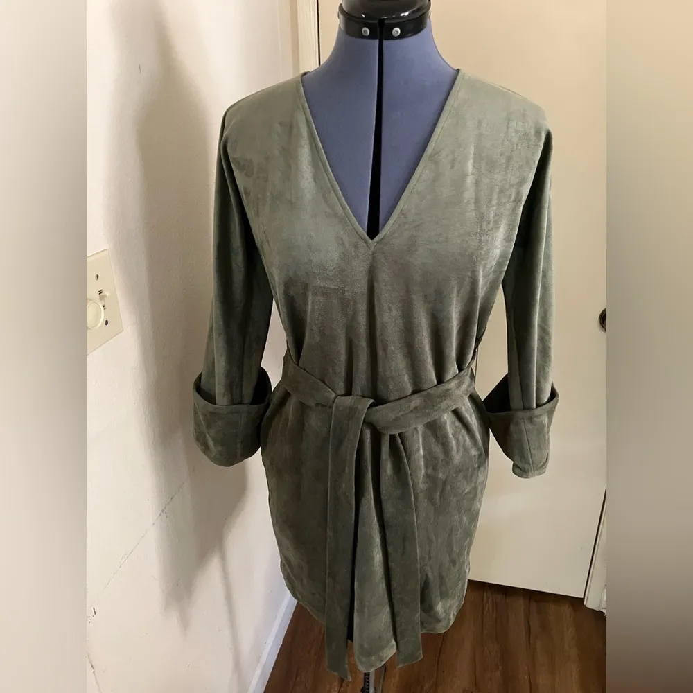 BCBGMAXAZRIA BCBG Womens Faux Suede Belted Mini Dress Dusty Olive size XXS - Image 4