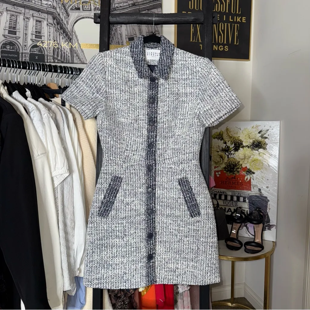 Claudie Pierlot Navy Tweed Short Sleeve Button Front Mini Dress 4 Preppy Blue - Image 5