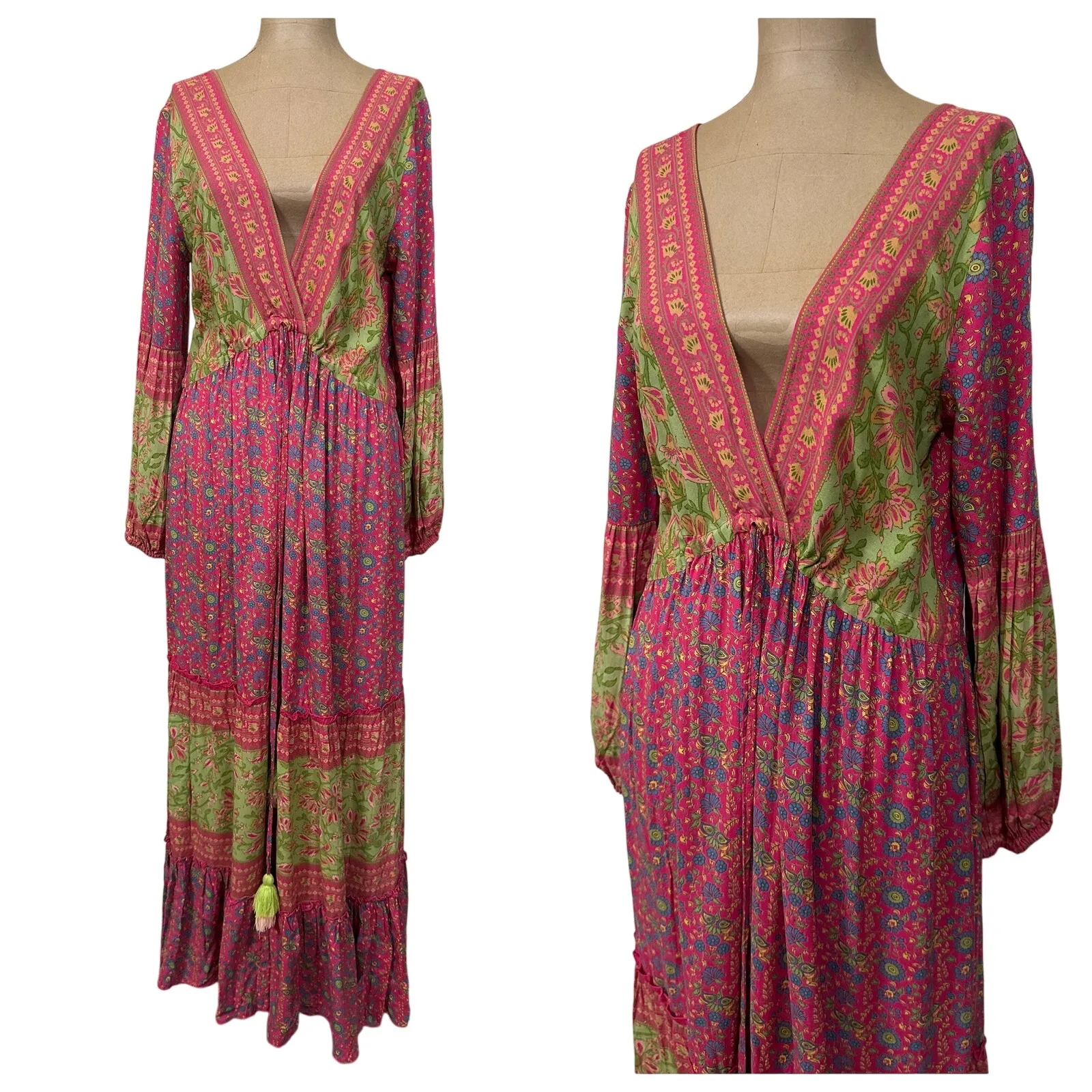 Raga Anthropologie Maxi Dress Pink Floral Long Sleeve V Neck New - Image 5