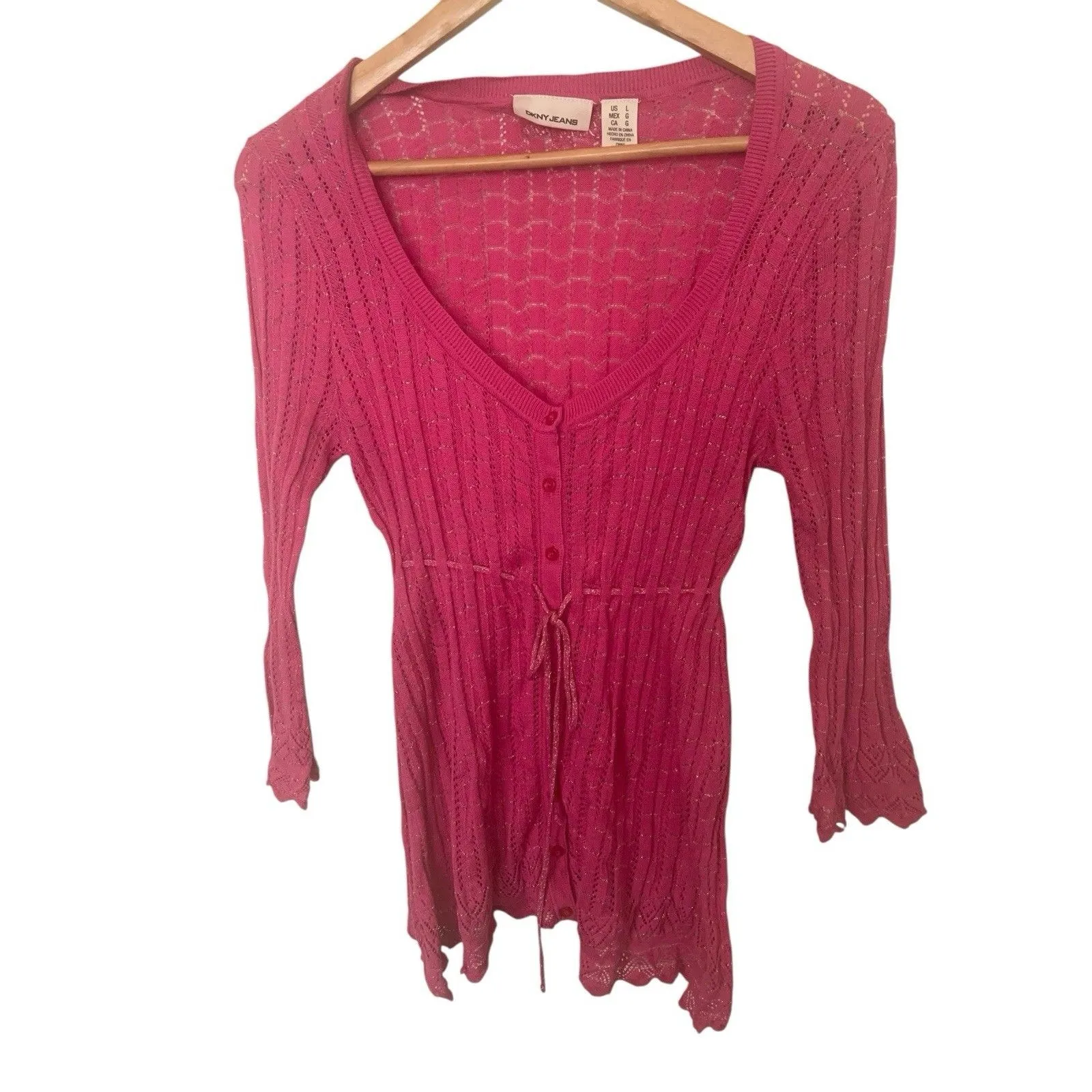 Vintage Dkny Jeans L Pink Open Knit Babydoll Fairy Y2K Button Down Top Blouse - Image 2