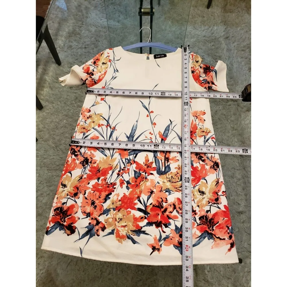 Fabrik Women White Floral 100% Polyester Round Neck Knee Length Dress Size Large - Image 8