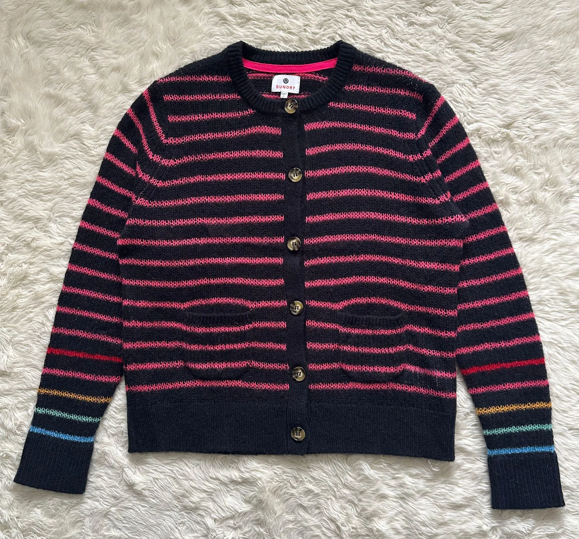 Sweater Rainbow Stripes Cardigan Wool Cashmere Blend Button Sz 1 Sz S - Image 4