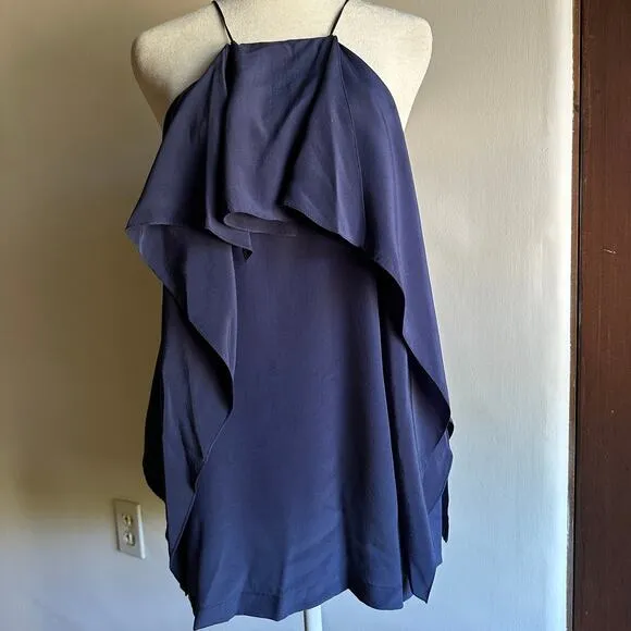 ROBERT RODRIGUEZ | Navy Silk Ruffle High Neck Flutter Tank Blouse | Size Small - Image 2