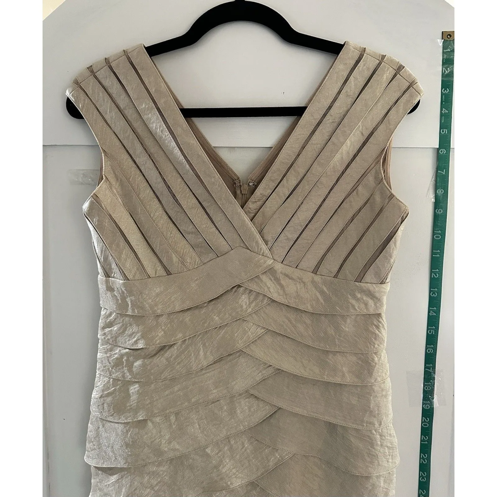 Adrianna Papell Champagne Pleated Ruffled Cocktail Formal Elegant Dress Sz 8P - Image 3