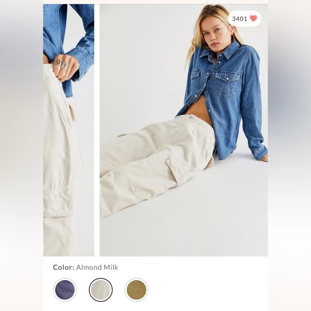 Free People First Light Utility Cargo Pant ALMOND MILK cream wide leg size 12 - Image 14