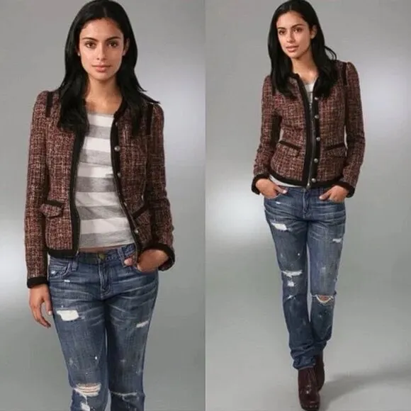 Free People "Coco" Vintage Tweed Wool Fitted Lined Moto Jacket Zipper Detail - Image 3