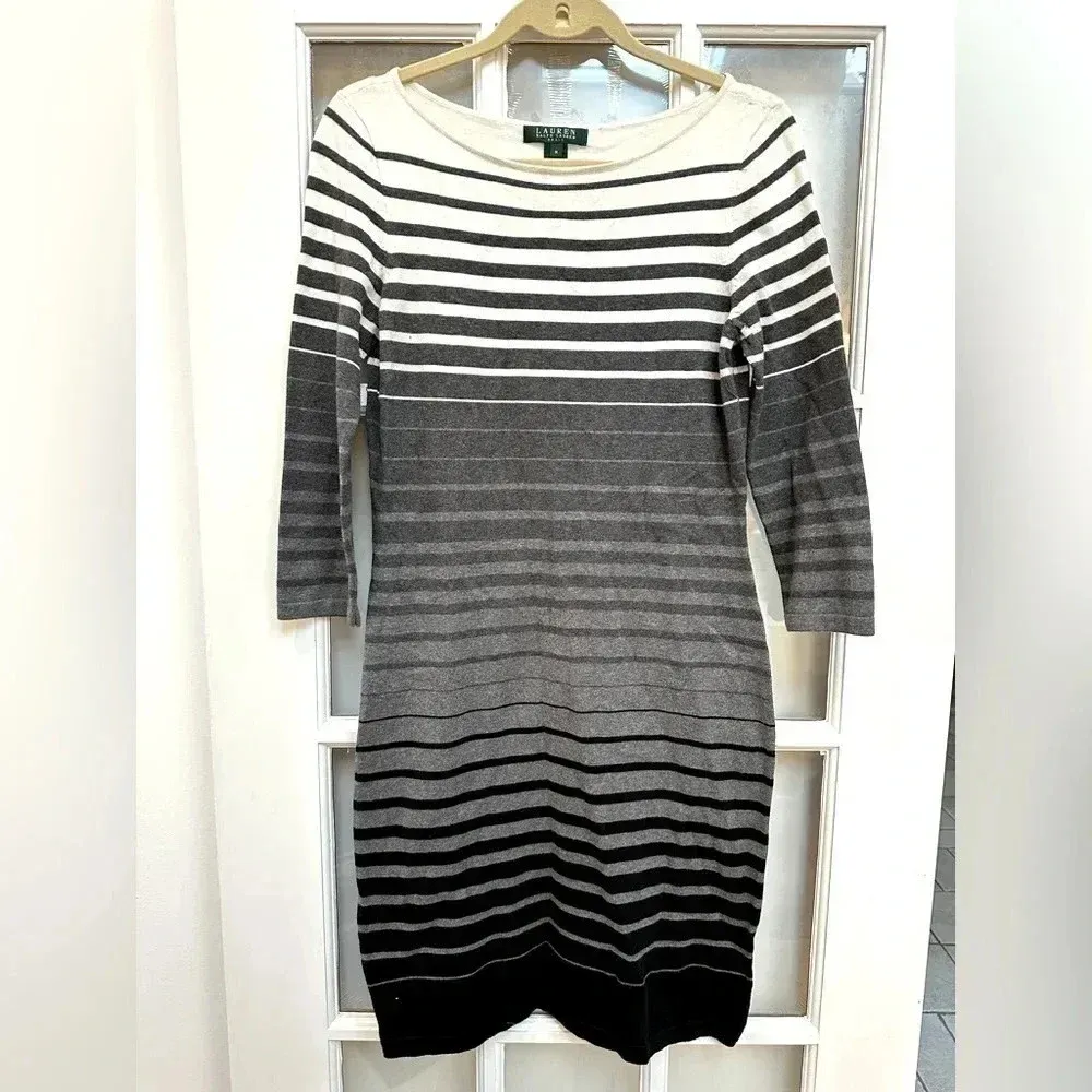 Lauren Ralph Lauren Ombre Grey White Black Striped Sweater Midi Dress Size Med M - Image 10