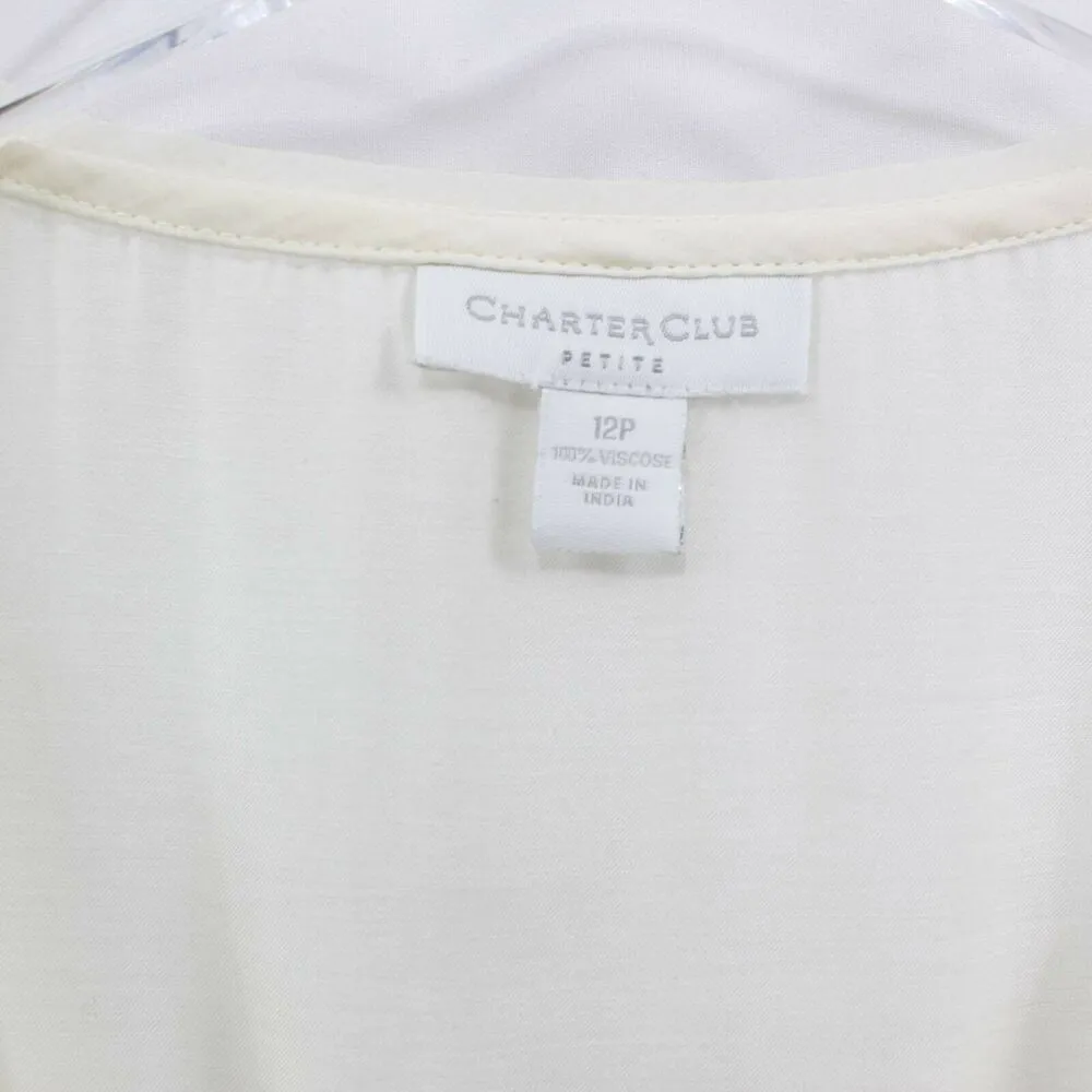 Charter Club Womens Tank Top Ivory Brown Scoop Sequined Smocked Petites - Image 2