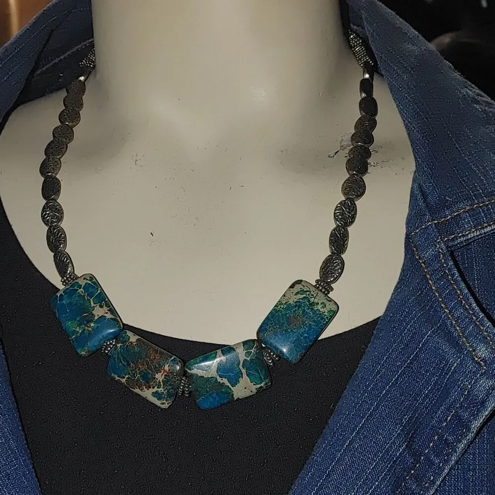 Vintage Silver Necklace Unknown Stone Brown Turquoise Tone Chunky Statement - Image 16