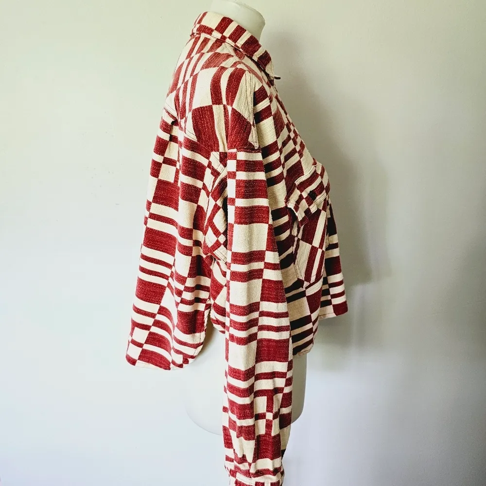 UO BDG Caleb Red & White Loose Boxy Fit Cropped Flannel Shirt Size Small - Image 5