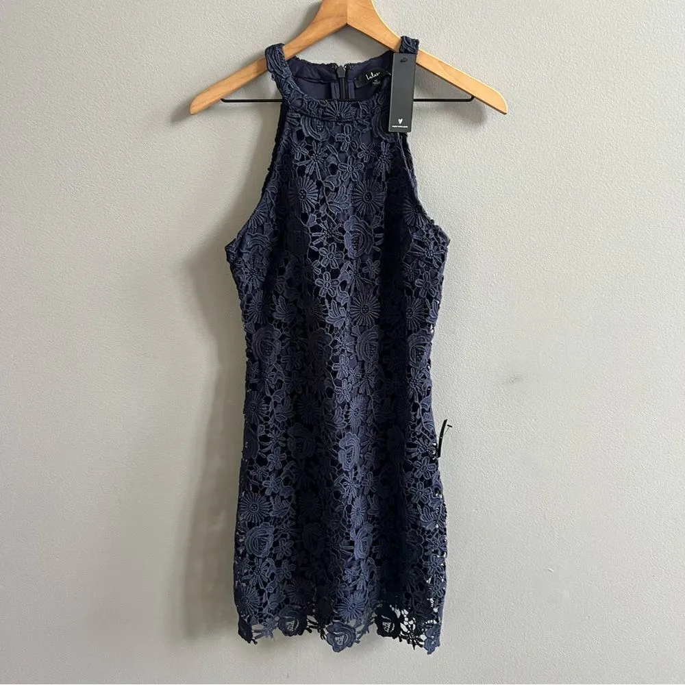 Lulu’s Love Poem NWT Navy Blue Lace Floral Mini Dress Size Medium - Image 4