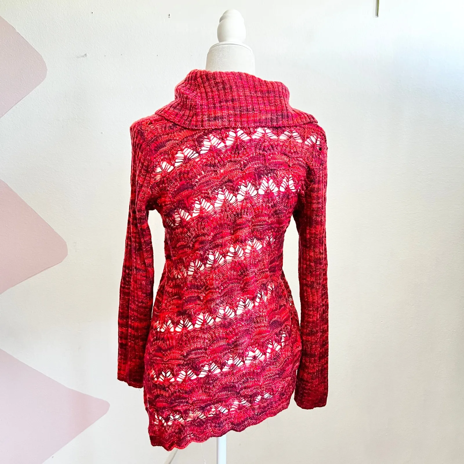 Red Crochet Knit Cowl Neck Sweater Women's Small Boho Bohemian Cozy Artsy - Image 2