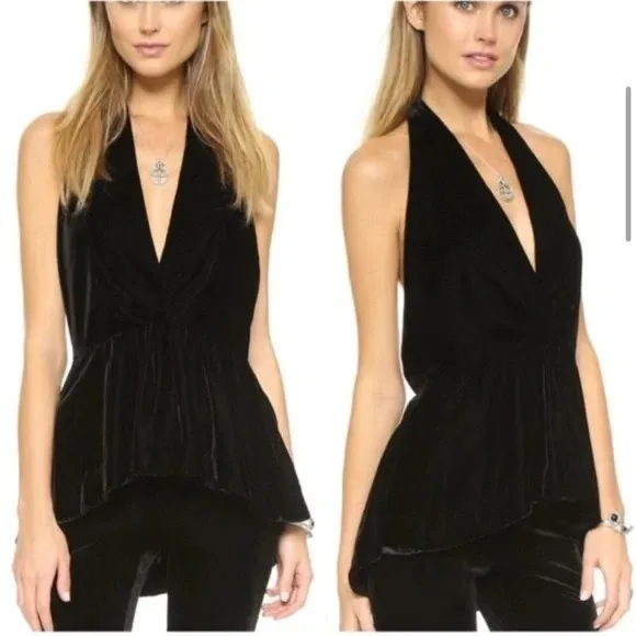 Free People Women's Black Asymmetrical Hem Open Back Velvet Halter Top Size‎ XS - Image 2