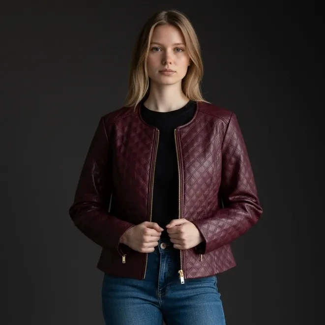 NWT Jason Wu Women's Quilted Faux Leather Zip Front Jacket Wine / Burgundy - Image 2