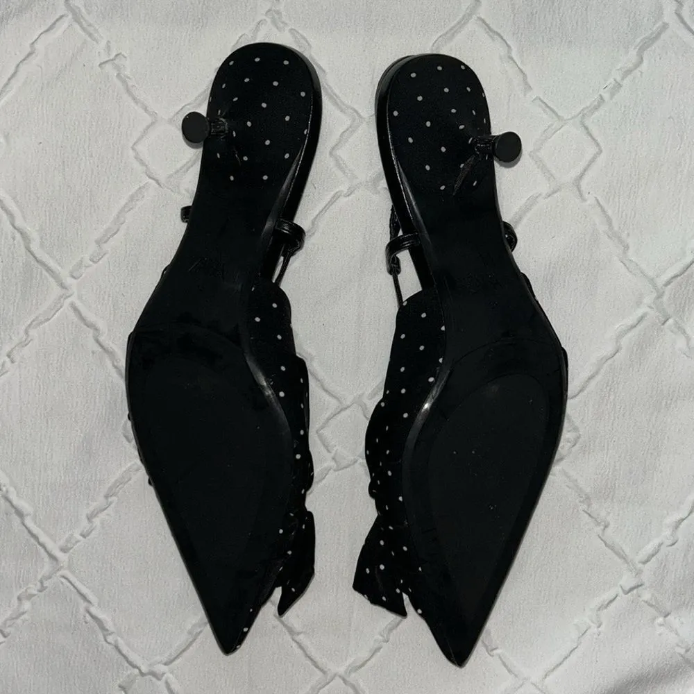 Zara Black & White Polka Dot Kitten Heel Sling back Shoes(Size 39) - Image 3
