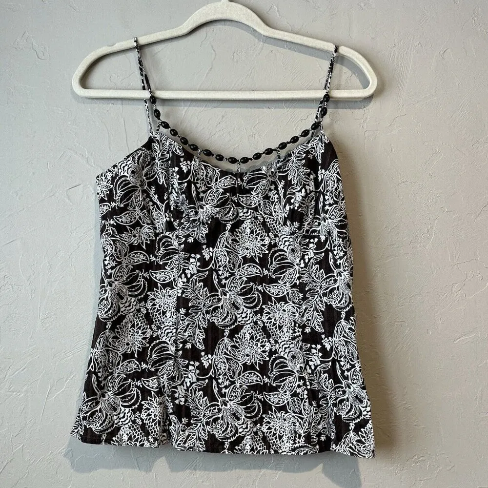 Y2K Floral 90s Beaded Spaghetti Strap Brown 8‎ Cotton Blouse Beach Boho Friends - Image 2