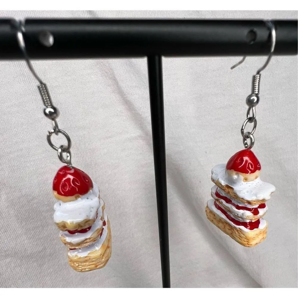 Handmade Dangly Strawberry Cheesecake Earrings - Image 2