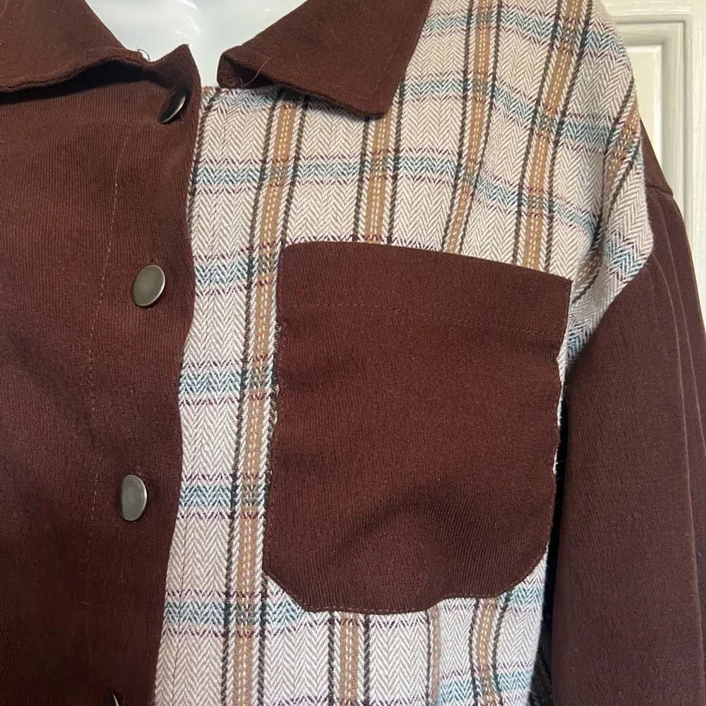 Brown and Plaid Button-Up Jacket - Image 2