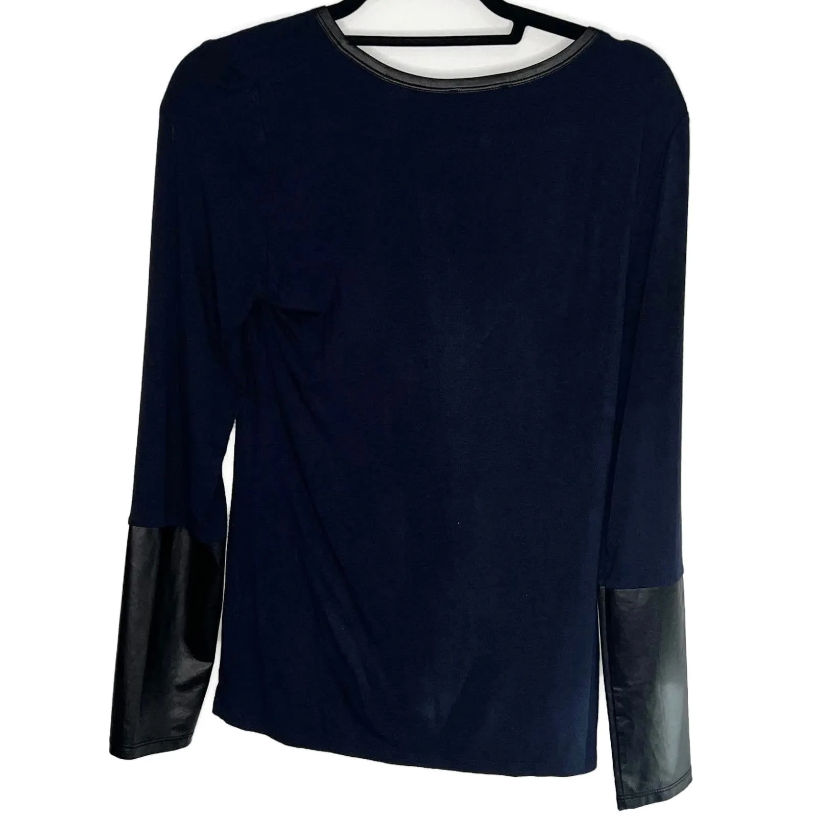 Laundry Long Sleeve Top Stretch Blouse Faux Leather Trim & Cuffs Size Small Navy - Image 2