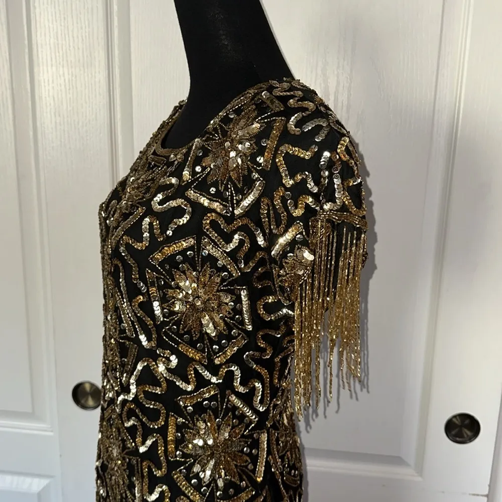 VTG CERVELLE SILK BLACK & GOLD SEQUIN BEADED FRINGE DRESS PARTY Holiday nye - Image 7