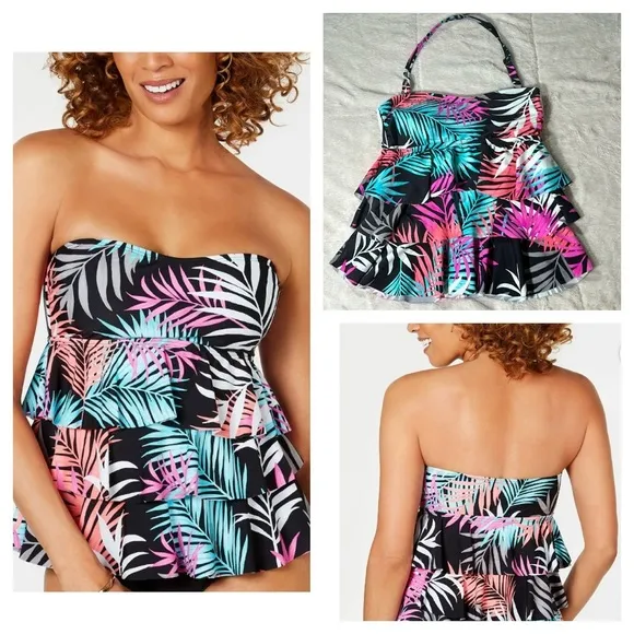Island Escape Neon Hawaiian Tropical Palm Convertible Tankini Swimsuit Top 8 NEW Black - Image 2