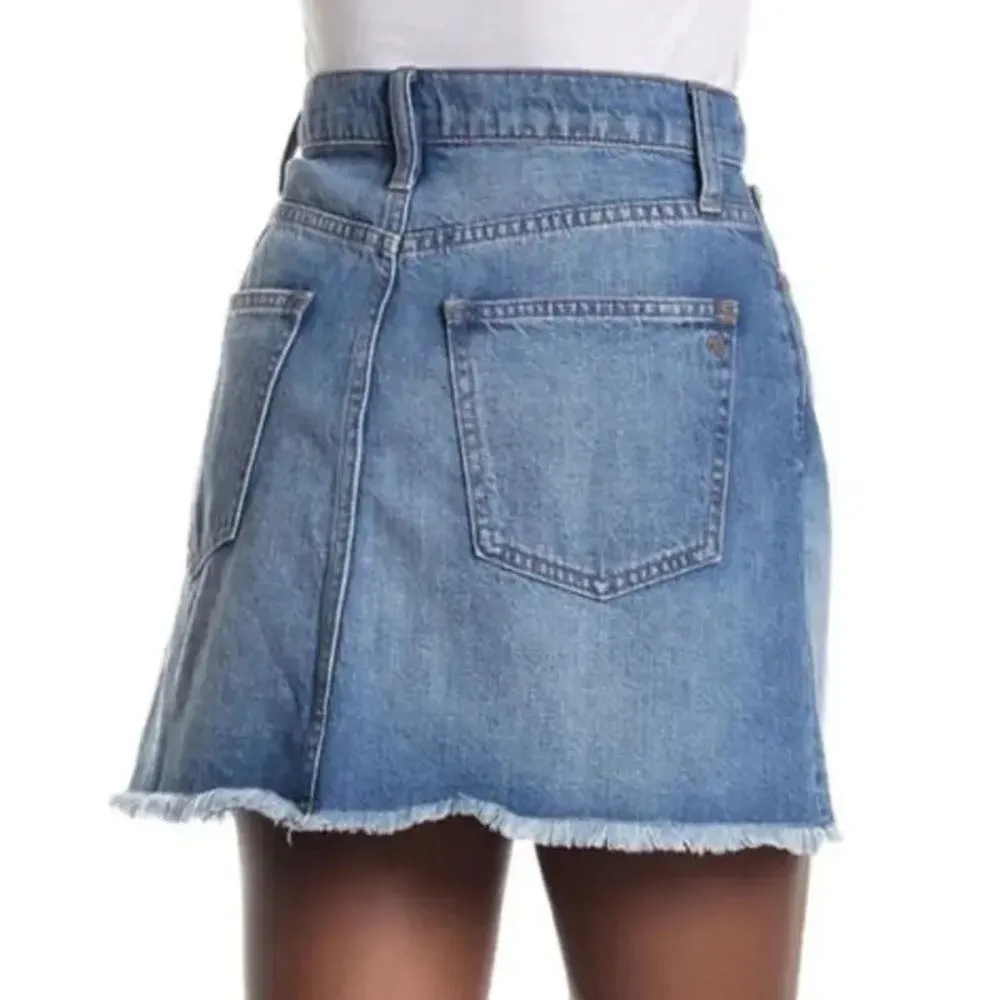 Madewell Rigid Denim A-Line Mini Skirt in Medium Wash Fluffy Hem Edition Size 26 - Image 4