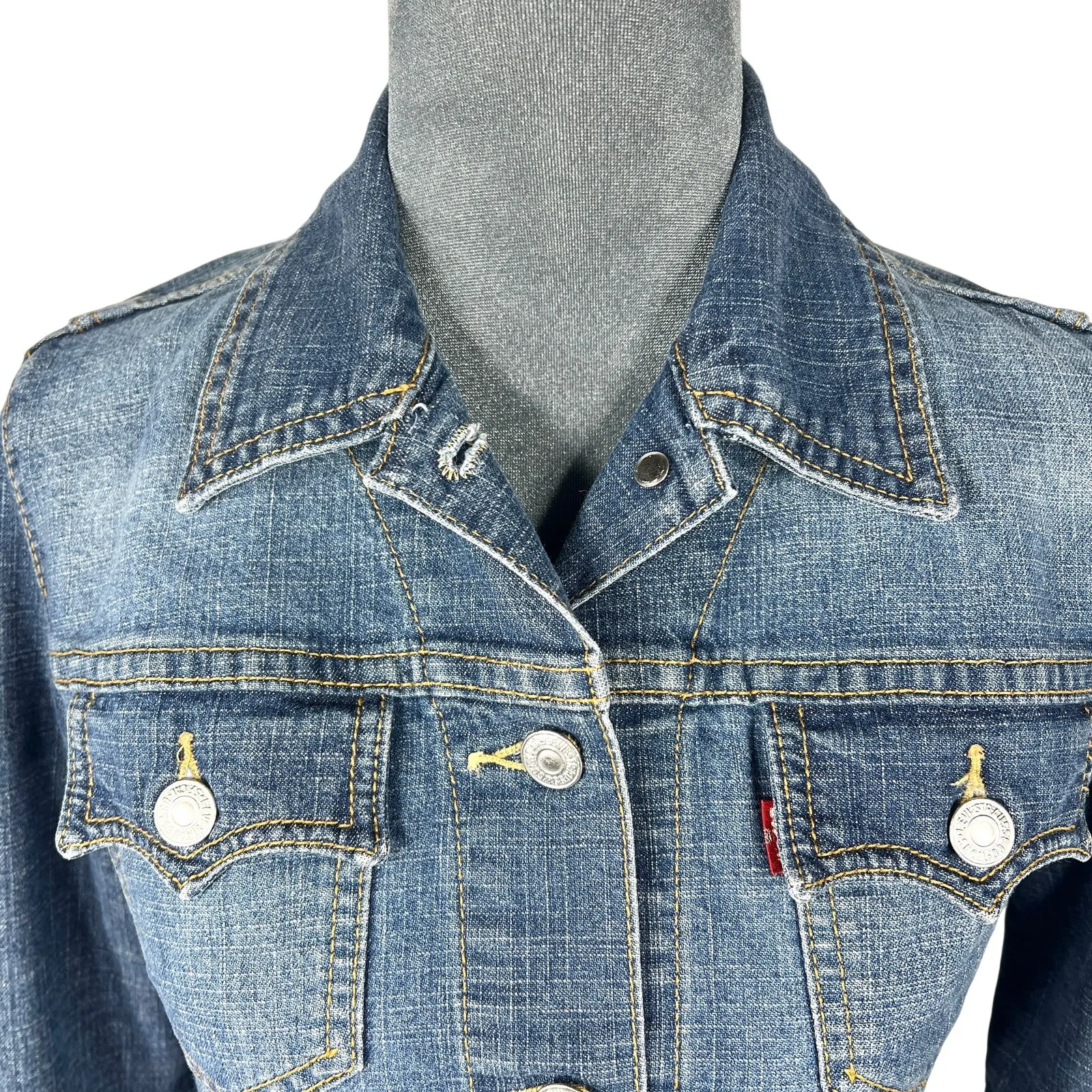 Levi's Y2K Trucker Jean Jacket Juniors XS Fitted Faded Stretch Denim Western VTG - Image 6