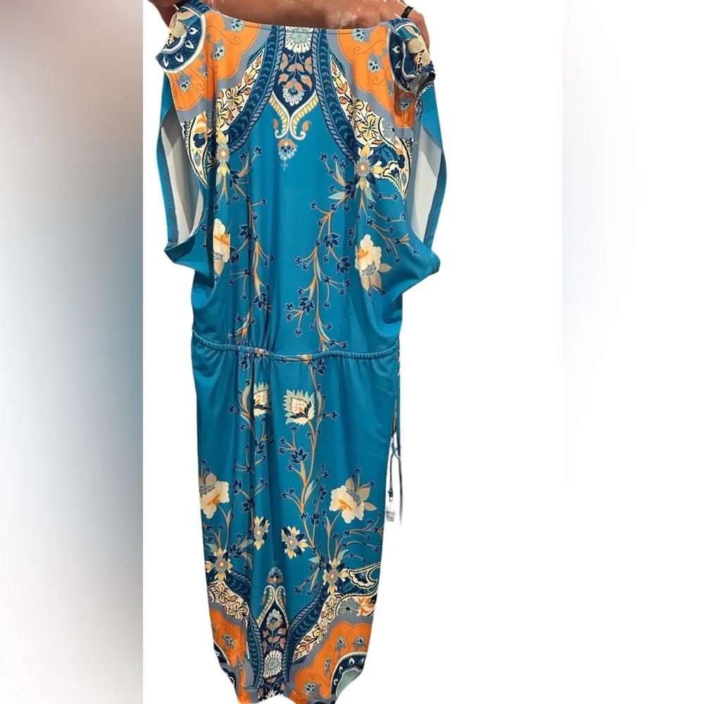 HALE BOB SLEEVELESS VNECK LACEUP FRONT TASSEL TIES CINCH SIDES BLUE PRINT DRESS - Image 3