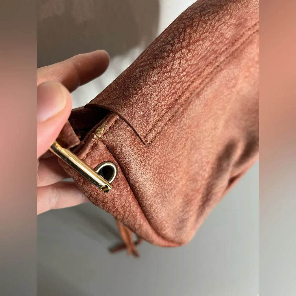 Free People Cow Pebbled Leather Trim Boho Rust Color Fringe Detail Crossbody Bag - Image 14