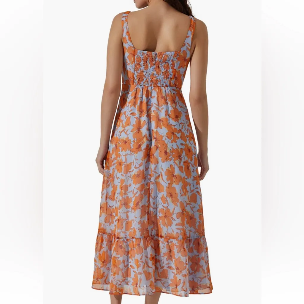 Astr The Label Medium Orange Blue Floral Square Neck Midi Dress - Image 2