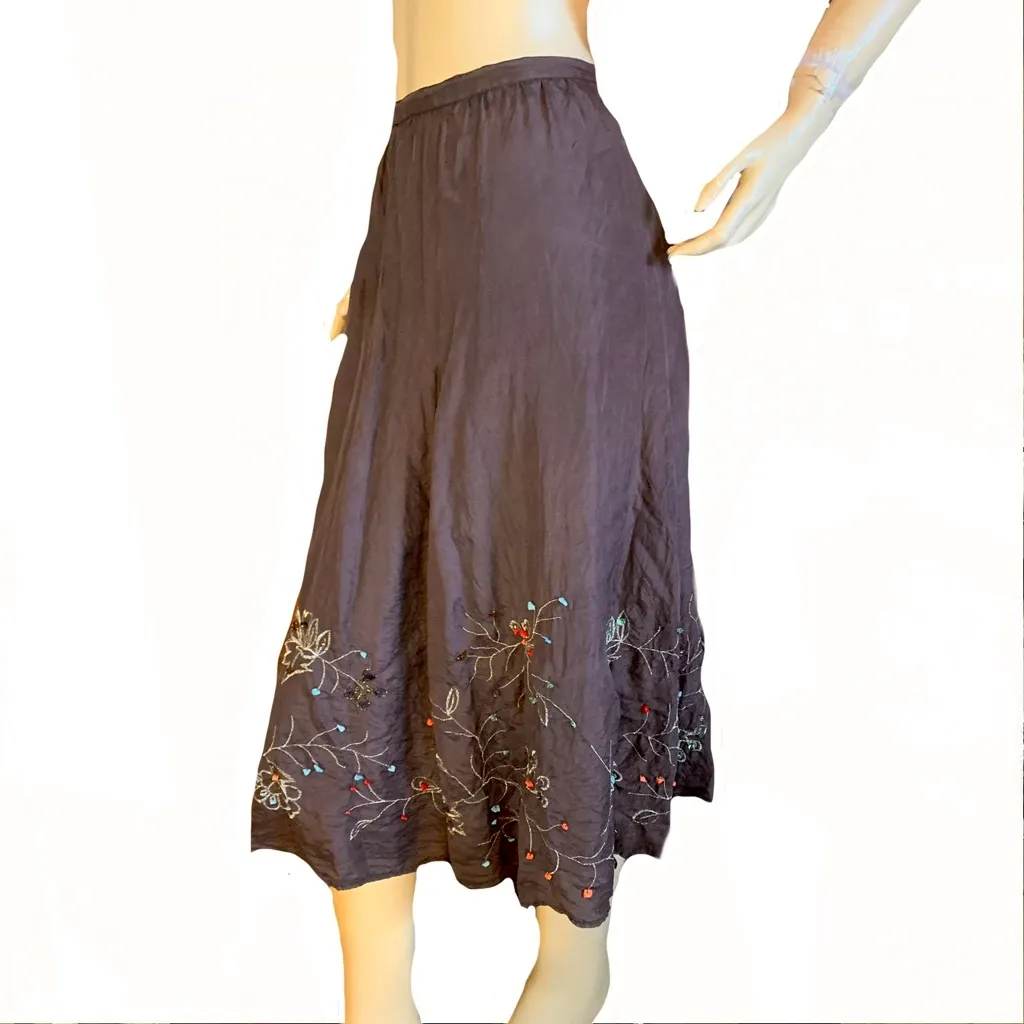 CHICO'S BROWN BEADED FLORAL PRINT SILK MIDI SKIRT (3/XL) - Image 5